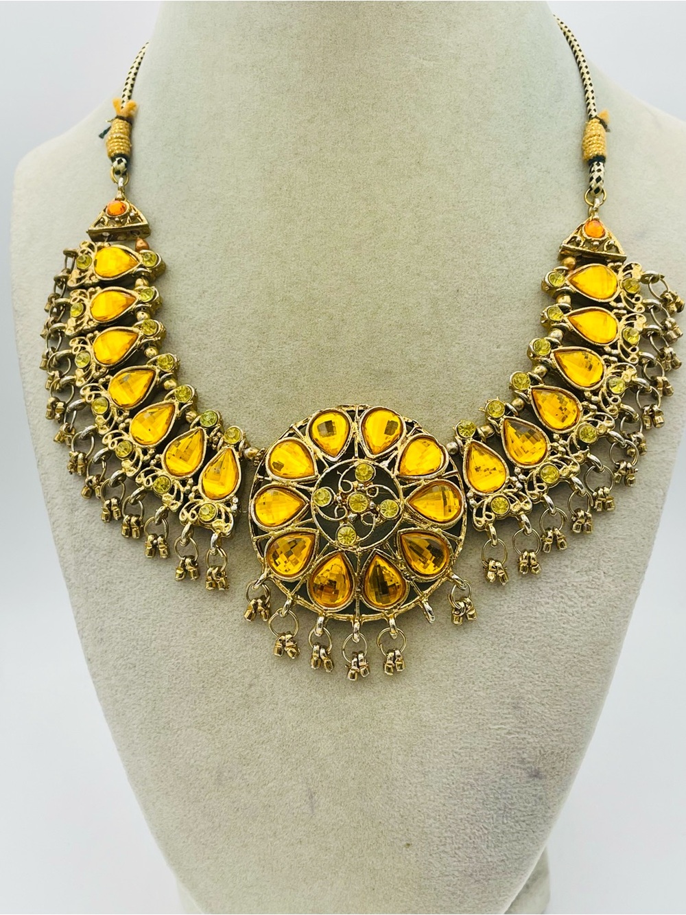 Gold-Tone Yellow Tear Drop Crystals w/Circle Pendant & Dangling Bead Necklace -
